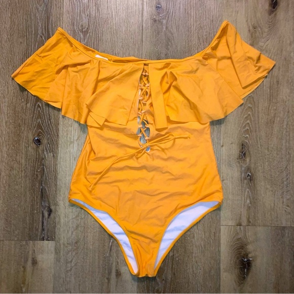 Women's Yellow Off Shoulder Ruffle One Piece Swimsuit Bodysuit Size XXL - Picture 3 of 12